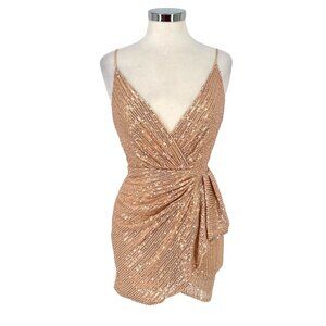 Double Crazy Sequin Wrap Dress Spaghetti Straps Champagne Gold Size Small